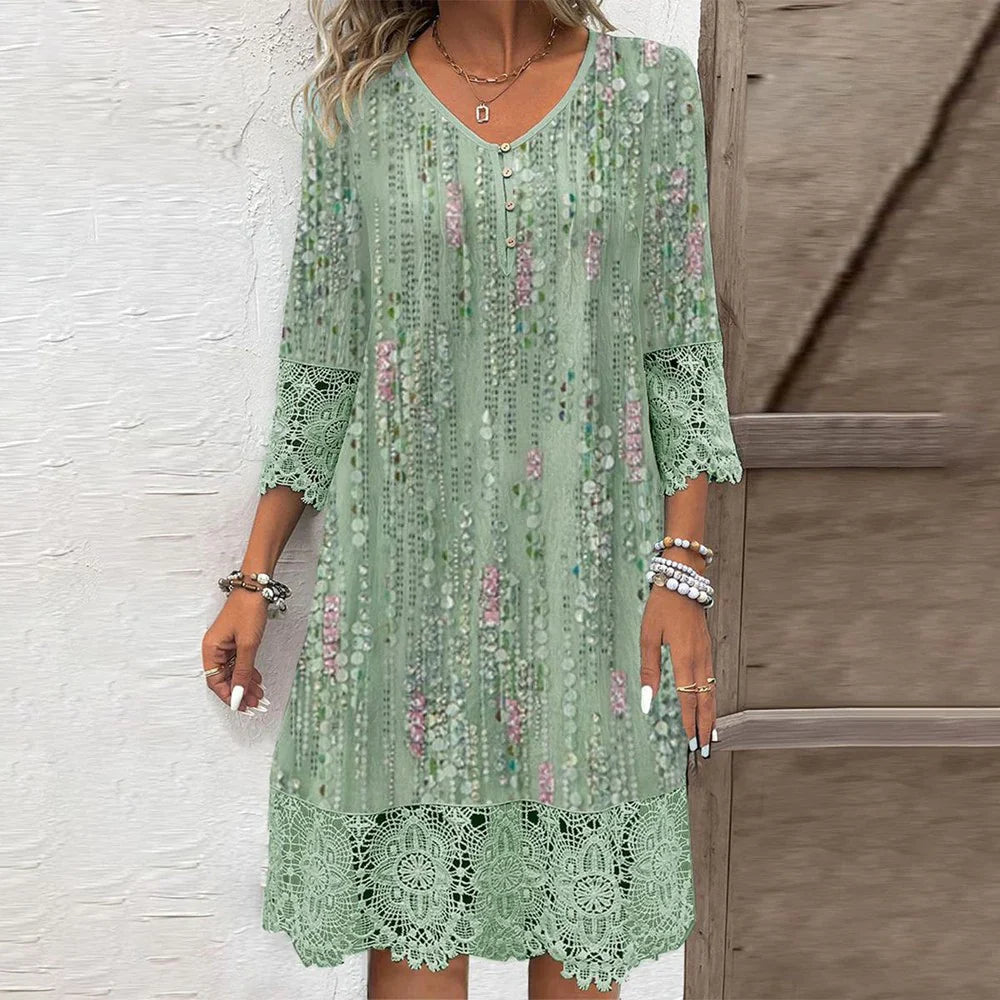 Green 3/4 Sleeve Print Mini Dress